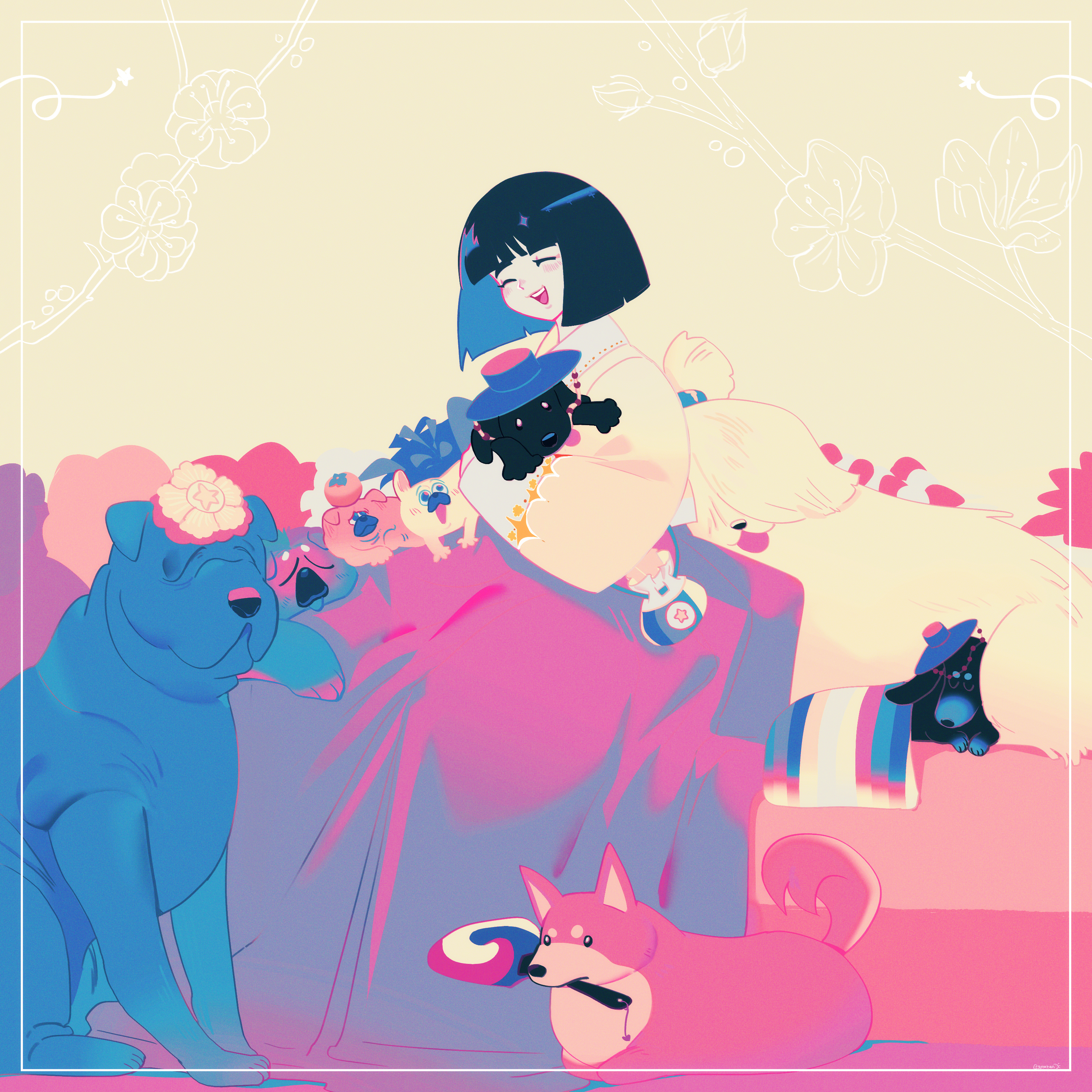 Jae and her dogs celebrating Lunar New Year in Korean attire